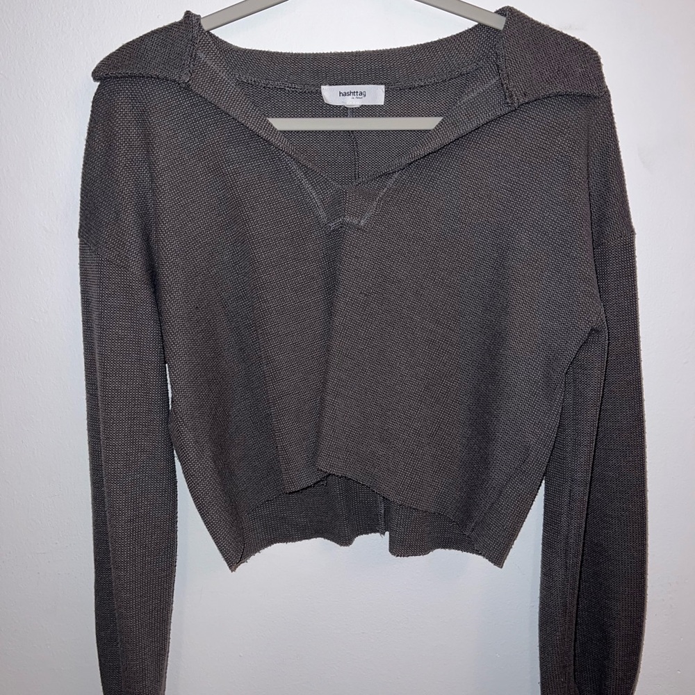 Charcoal Gray Waffle Long Sleeve Top Cropped